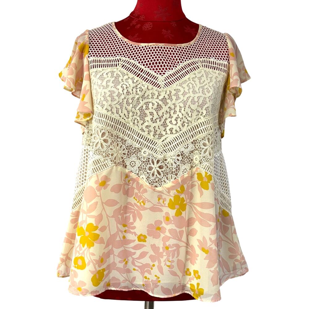 HD in Paris blouse cap sleeve top beige lace front lined pink yellow floral sz S